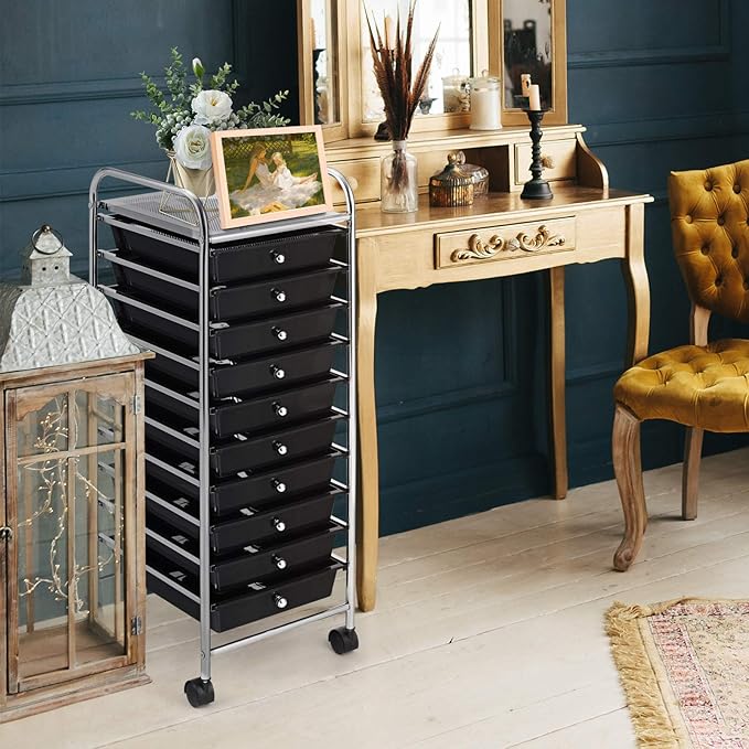 GOFLAME 10-Drawer Rolling Storage Drawer Cart, Utility Cart with Removable Drawers & Metal Frame, Mobile Art Craft Drawer Cart with Lockable Wheels for Home, Office, Studio, School, Black