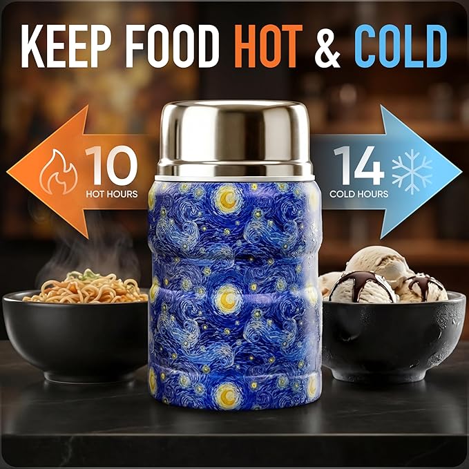 Earth&ME 17 OZ Soup Thermo for Hot & Cold Food for Kids, Vacuum Insulated Steel Lunch Container, Kids Wide Mouth Bento Thermal Food Jar, Warm Food Lunchbox Thermo Bowls with Spoon (Starry Night)