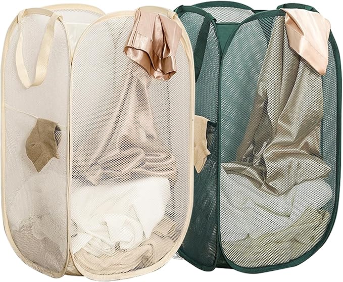 2Pack Collapsible Laundry Basket with Side Pocket, Mesh Pop Up Hamper Portable Carrying Handle, Cruise Room Storage Basket (Beige+Green)