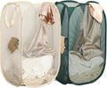 2Pack Collapsible Laundry Basket with Side Pocket, Mesh Pop Up Hamper Portable Carrying Handle, Cruise Room Storage Basket (Beige+Green)