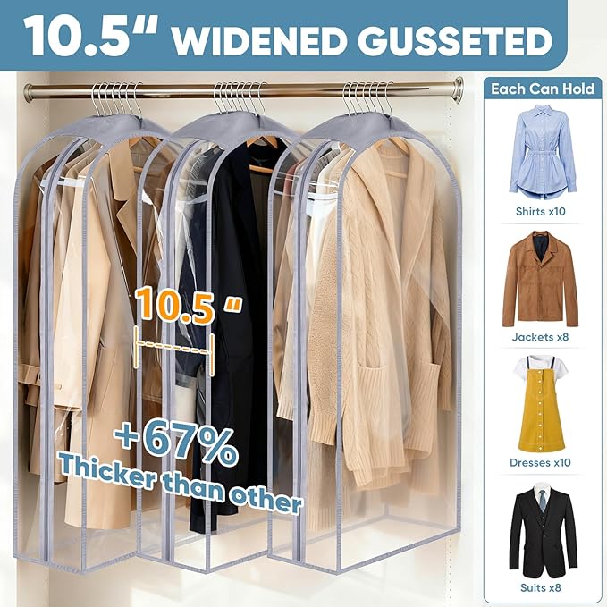 BALEINE 60'' Clear Garment Bags, 10.5'' Wide PEVA Suit Bag for Closet Clothes Dresses Suit Coats Storage (Clear, 9PK)