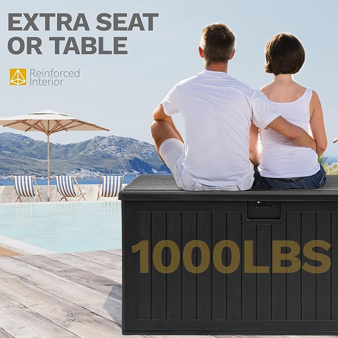 DWVO 150 Gallon Double-Wall Deck Box, XL Large Resin Outdoor Storage Box, Lockable & Waterproof, Double as Seating, 1000lbs Capacity (Black)