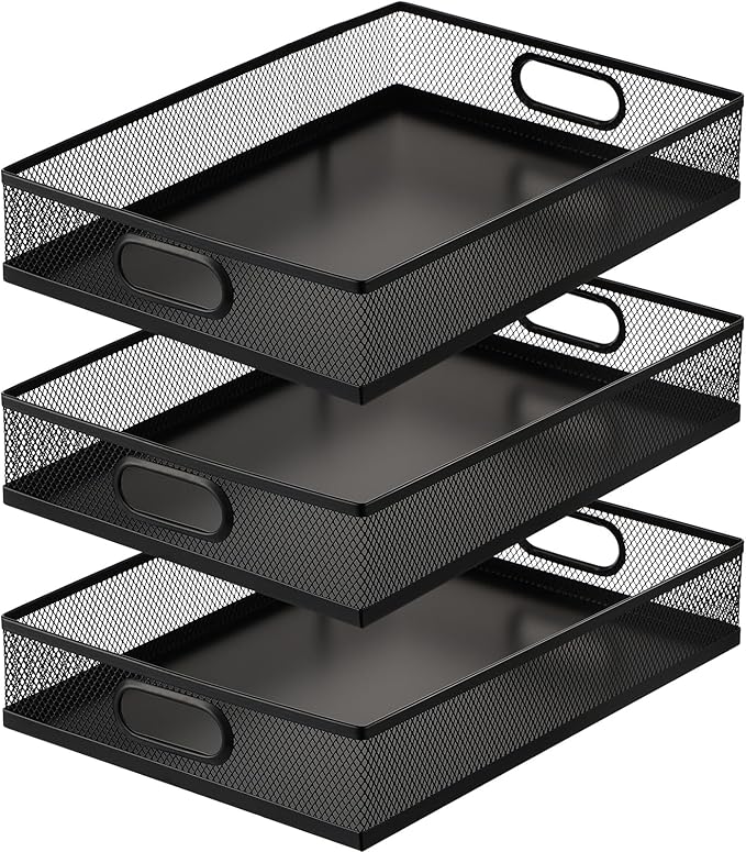 Tandefio 3 Pcs Desk Drawer Organizer Bulk Metal Mesh Trays A4 Large Desktop Storage Box Portable Wire File Basket with Handle for Office Supplies Craft Magazine Paper 12.87" x 9" x 2.4"(Black)
