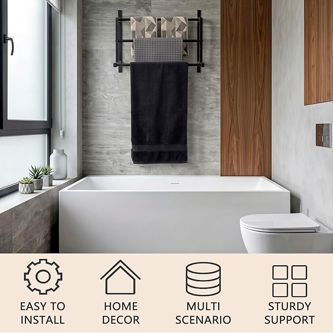 Wall Mounted Towel Rack for Bathroom, Steel Towel Bar Storage Blanket Holder with 3 Triple Towel Rods, Black