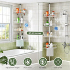 HAMITOR Corner Shower Caddy Tension Pole: Rustproof Bathroom Organizer Shelves for Bathtub Shampoo Accessories Storage Holder - 47-121 Inch Adjust - White