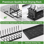 Dish Drying Rack Over the Sink Expandable In Small Black Drainer Dry for Kitchen Counter, Metal Stainless Steel Compact Dishes Drain with Tray, Space Saving Extendable Modern Plate Strainer Holder