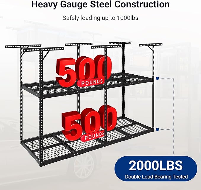 FLEXIMOUNTS 3x8 2-Tier Overhead Garage Storage Rack – Adjustable Heavy Duty Metal Garage Ceiling Storage Racks, 1000 lbs Capacity – Garages Organization System for 9–15 ft Tall Garages, Black