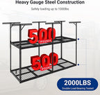 FLEXIMOUNTS 3x8 2-Tier Overhead Garage Storage Rack – Adjustable Heavy Duty Metal Garage Ceiling Storage Racks, 1000 lbs Capacity – Garages Organization System for 9–15 ft Tall Garages, Black
