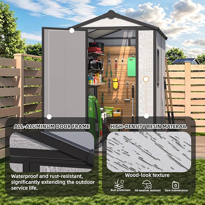 MELLCOM 4 x 6 FT Resin Outdoor Storage Shed with Floor, Plastic Outdoor Storage Tool Shed with Windows and Lockable Door, Garden Shed for Lawnmower, Bike, Pool Supply
