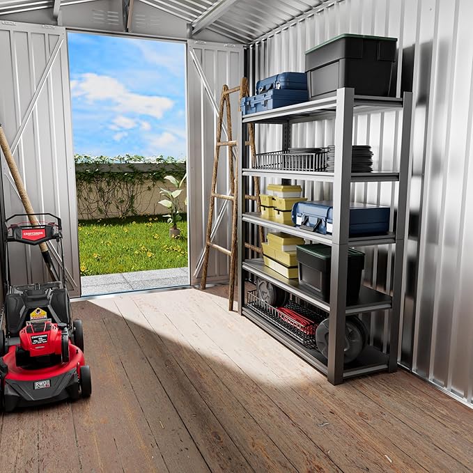 6x9FT Metal Storage Shed, Garden Tool Shed with Lockable Double Door & Sloping Roof, Outdoor Backyard Storage（Grey）