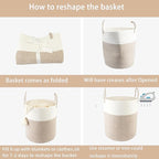 Woven Cotton Rope Laundry basket-15”X20” Laundry Hamper-Rope Storage Basket for Dirty Clothes, Toys and Blankets Perfect for Bathroom, Baby nursery and Living Room Storage (white and brown)