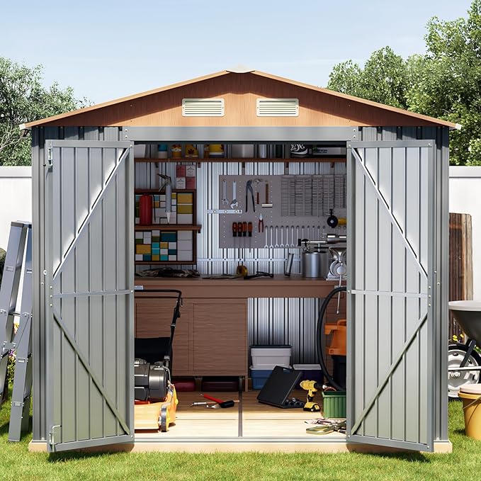 8x10FT Metal Shed & Outdoor Storage Shed, Steel Tool Multi-Used Shed with Vents,Lockable Doors,Window,Compact Tool Shed for Backyard, Patio, Lawn and Garden Various Storage(Matte Gray)