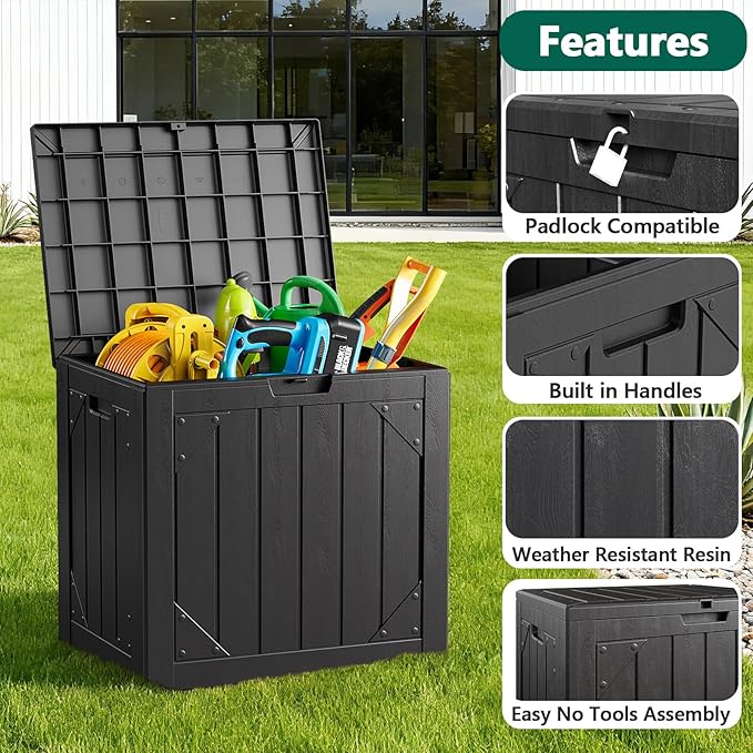Outdoor Storage Box - 30 Gallon Waterproof Resin Deck Box, Lockable Patio Storage Bench for Package Delivery, Cushions & Garden Tools, UV Resistant (Black)