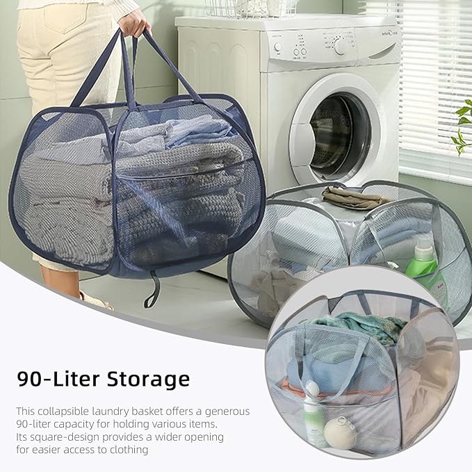 Collapsible Laundry Basket 90L, Foldable Mesh Pop-up Laundry Hamper with Handles, Dirty Clothes Hamper for Laundry with Side Storage Pocket(Gray, 2PCS)