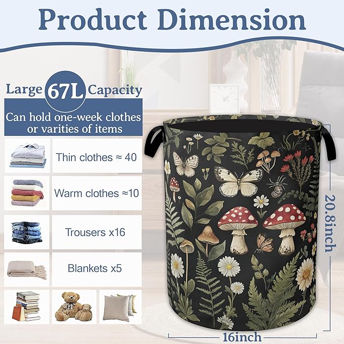 Red Mushroom Laundry Basket,Foldable Oxford Cloth Butterfly Plant Herb Laundry Hamper With Handle, 20.8"x16" Portable Clothes Storage Basket Bag for Laundry Room/Bathroom/Bedroom/Dormitories