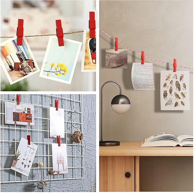 1.35 Inch Mini Clothes Pins100 PcsWith 32 Feet Jute Twine for Photo, Crafts, Pictures - Wooden Small Decorative Clothespins for Baby Shower (Red)