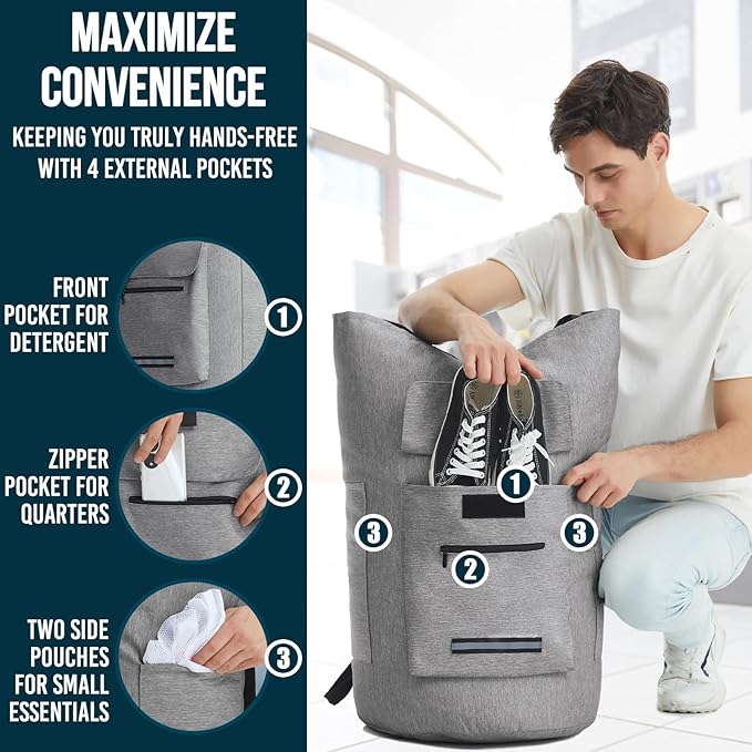 Laundry Bag Extra Large 115l, Heavy Duty Laundry Backpack, College Laundry Bag with Straps, Backpack Laundry Bags with 4 Pockets, Dorm Essential, Laundry Bags for Dorm Room, Apartment, Laundromat