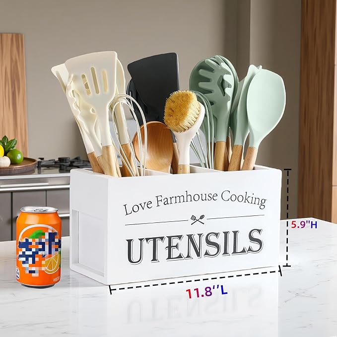 Utensil Holder, Utensil Holder For Kitchen Counter,Large Cooking Spatula Organizer,Farmhouse Wooden Big Storage With 3 Compartments Rustic Flatware Spoon Tool Organizer (White)