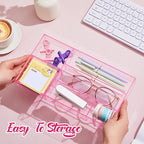 Translucent Pink Acrylic Desk Drawer Organizer 11 x 6.1 x 1.38 Inch Storage Tray Organizer for Pens, Stationery, Desktop, Office, Bathroom, Kitchen, Makeup Supplies (6 Compartments)
