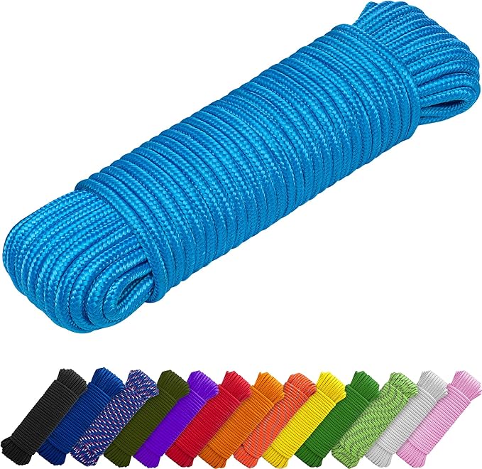 TECEUM Rope – 90 Feet x 3/8 Inch (10mm) – Sky Blue – Strong All-Purpose Utility Rope – Camping, Crafting, Flag Pole, Indoor & Outdoor – Polypropylene Nylon Poly Lightweight Diamond Braided Cord