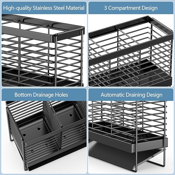 Utensil Holder, Upgrade Stainless Steel Utensil Drying Rack with Automatic Drain Tray for Kitchen Counter, Silverware Cutlery Organizer for Spoons, Forks, Knifes, Chopsticks (Black)
