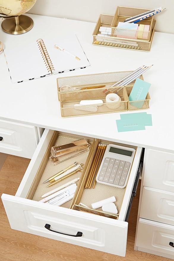 Annova Mesh Stackable Drawer Cabinet and Shelf Organizer Bins Storage Basket School Office Supply Holder Tray- Set of 2 (Gold, 3x6x2 Inch)