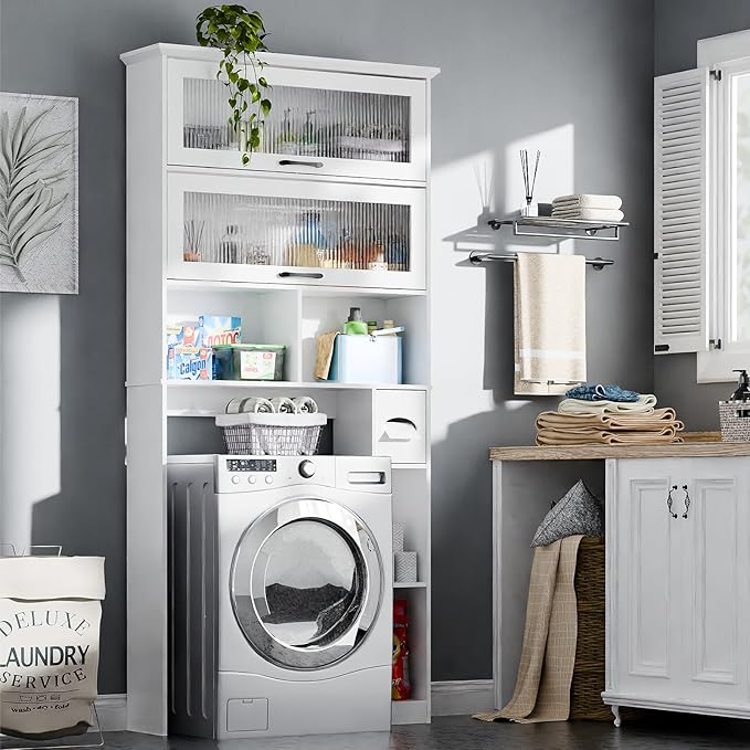 Vabches Over The Toilet Storage Cabinet with Transparent Door, Toilet Paper Storage Cabinet with Multi Layer Shelves Suitable for Bathroom, Laundry Room, Freestanding Bathroom Storage Rack, White