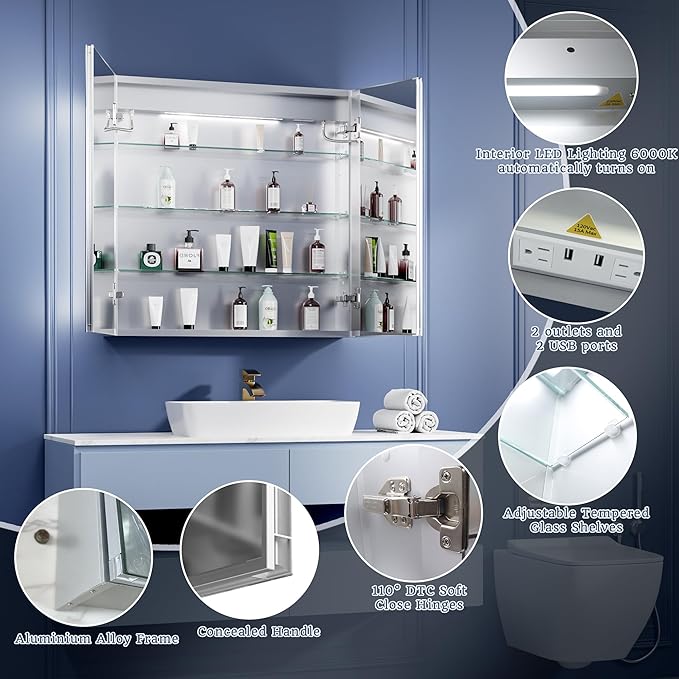 ExBrite LED Lighted Bathroom Medicine Cabinet with Mirror, 30 x 30 Inch, Recessed or Surface Mount, Anti-Fog, Stepless Dimming, Color Temperature Change, Built-in 6000K Sensor Light, Storage Shelves