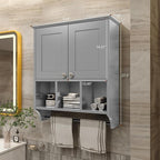 Medicine Cabinets, Bathroom Cabinet Wall Mounted 2-Door with 3 Open Shelves, Over The Toilet Storage Cabinet with Towels Bar for Toilet, Bathroom (Grey)