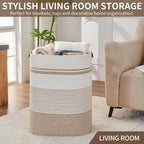 Laundry Basket with Handles - Blanket Basket & Hampers for Bedroom Aesthetic, Laundry Hamper & Blanket Storage for Living Room, Clothes Hamper, Tall, Large 17" x 14" x 22”, Brown & White