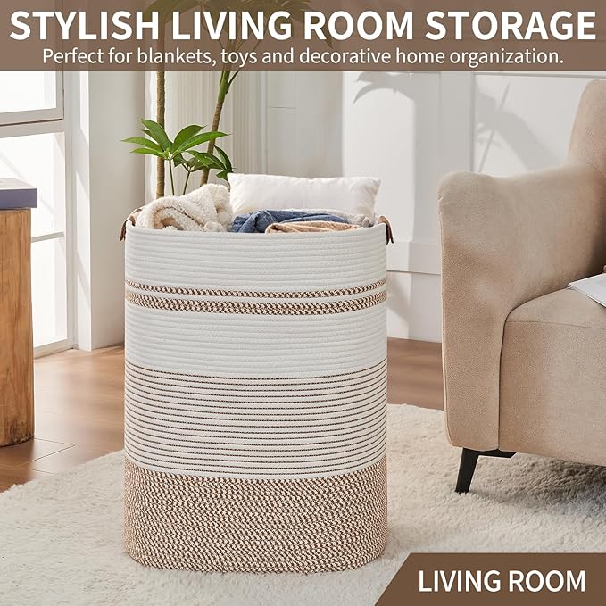 Laundry Basket with Handles - Blanket Basket & Hampers for Bedroom Aesthetic, Laundry Hamper & Blanket Storage for Living Room, Clothes Hamper, Tall, Large 17" x 14" x 22”, Brown & White