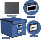 Huolewa Decorative File Organizer Boxes Office Document Storage with Lids, Portable Collapsible Linen Hanging Filing & Storage Boxes for Office/Decor/Home (Royal Blue) -14.9 x 12.7 x 10.8 inch -4 Pack
