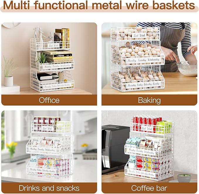 Egg Holder Countertop with 5 Dividers & Labels, 2 Tier Stackable Chicken Egg Baskets for Gathering Fresh Eggs, Egg Organizer for Countertop/Wall-Mounted, White