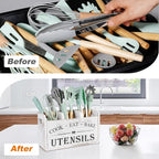 Kitchen Utensil Holder with 3 Compartments, Wooden Storage Utensil Organizer for Countertop, Farmhouse Decor, Rustic Cooking Utensil Kitchen Tool