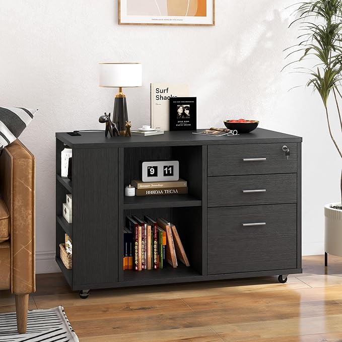 DWVO File Cabinet with Charging Station, 3 Drawer Mobile Filing Cabinet with Lock, Printer Stand with Open Storage Shelf for Home Office, Black