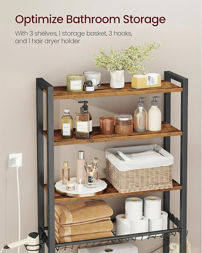 VASAGLE Over the Toilet Storage, Over Toilet Bathroom Organizer with Adjustable Shelves and Basket, 3 Hooks, Space Saving, 9.4 x 23.6 x 68.1 Inches, Rustic Brown UBTS114KD01S