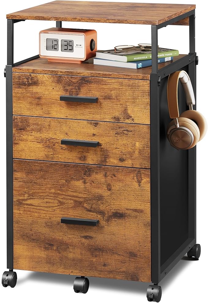 DEVAISE 3 Drawer File Cabinet with Adjustable Shelves, Rolling Wooden Filing Cabinet Mobile Printer Stand for Home Office, Rustic Brown, 15.7" D x 17.7" W x 40.3" H