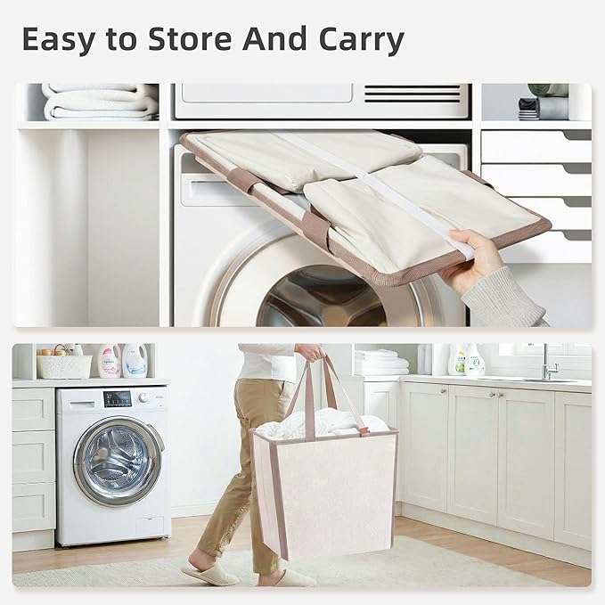 STORAGE MANIAC Collapsible Laundry Basket, 16.9 Gal. Large Pop-up Laundry Hamper with Long Carry Handles, Space-Saving Foldable Clothes Hamper with Bottom Elastic Band, Travel Laundry Bags, Oat Beige