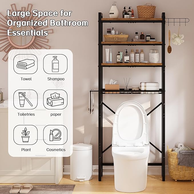 Over-The-Toilet Storage Rack, 4 Tier Bathroom Shelf Organizer Over Toilet with Adjustable Shelves, Basket, Hooks, Paper Holder, Quick Interlock Install & Water-Resistant Shelves (Vintage Brown)