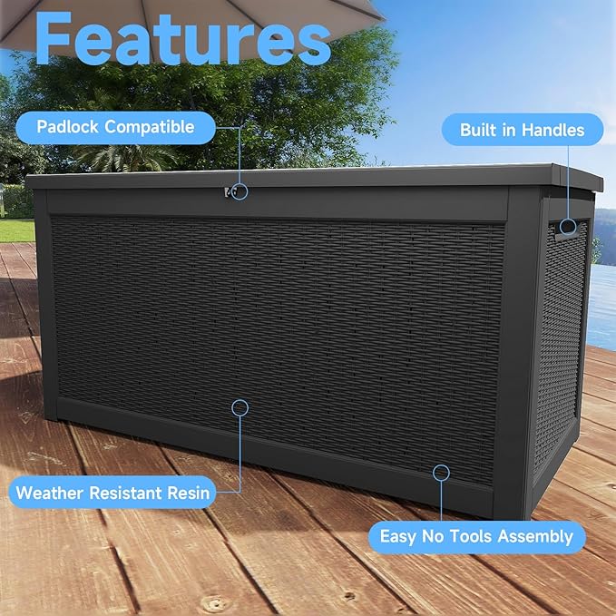 EasyUp 320 Gallon Outdoor Storage Box Waterproof, UV Resistant Resin Deck Box with Hydraulic Rod, Reinforced Stability for Patio, Garden, Rattan Black