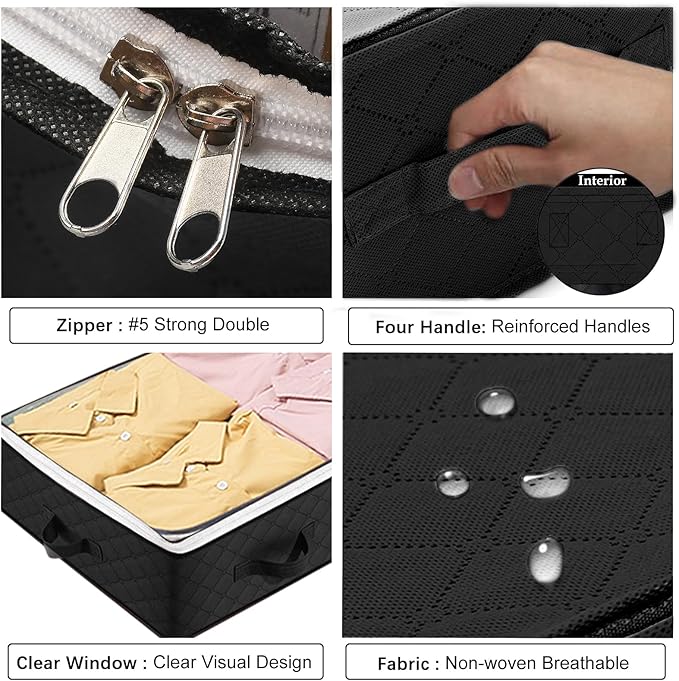 4 Pack Under bed Storage Containers, 90L Large Capacity Bedroom Closet Organizers and Storage Bins Foldable Underbed Storage Bags for Clothes, Blanket, Towels, Comforter, Sweaters, Linen Sheet - Black