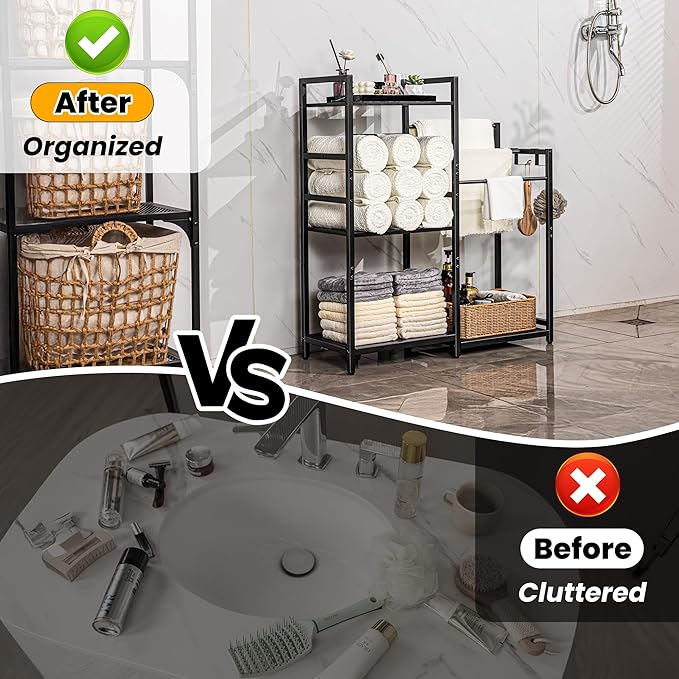 Aquzee Standing Towel Racks for Bathroom, 3-Tier Hand Towel Holder Organizers, Towel Drying Rack Stand, U-Shaped Removable Dividers Towel Storage for Rolled Folded Drying Towels, Black