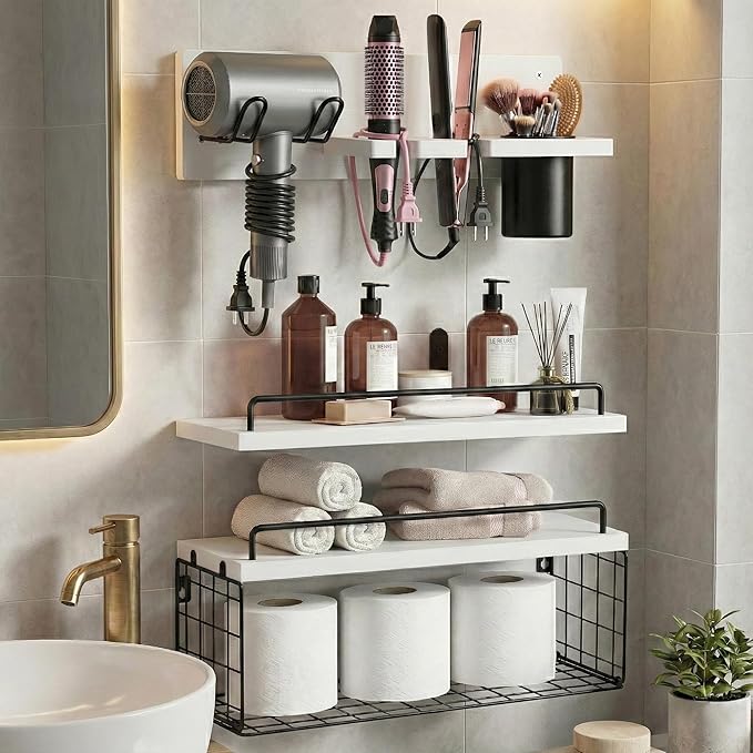 Wall Mounted Bathroom Organizer Shelves Over Toilet, 3-Tier Rustic Wooden Floating Shelf with Metal Basket and Hair Care Styling Tool Holder for Toilet Paper, Towels & Toiletries, Bathroom Decor