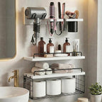 Wall Mounted Bathroom Organizer Shelves Over Toilet, 3-Tier Rustic Wooden Floating Shelf with Metal Basket and Hair Care Styling Tool Holder for Toilet Paper, Towels & Toiletries, Bathroom Decor