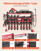 VEVOR Power Tool Organizer with Charging Station, 4-Layer Drill Storage Rack with 8 Drill Holders & Side Pegboard, Garage Tool Organizer Built in 8 Outlet Power Strips for Garage, Workbench, Workshop