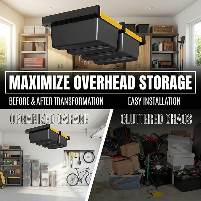 Overhead Garage Storage Rack,Garage Ceiling Storage 3 Rails Set, Overhead Storage Rack to Hold 2 Plastic Totes, Metal Ceiling Racks for Garage Storage to Free Up Floor Space, Garage Organizer System
