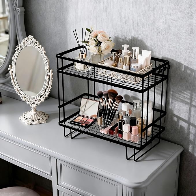 Bathroom Organizer Shelf - Over The Toilet Storage Rack, 2-Tier Floating Shelves with Hooks, No-Drill, Toilet Paper Holder for Restroom Bathroom Vanity Kitchen (Black, 2 Tier)