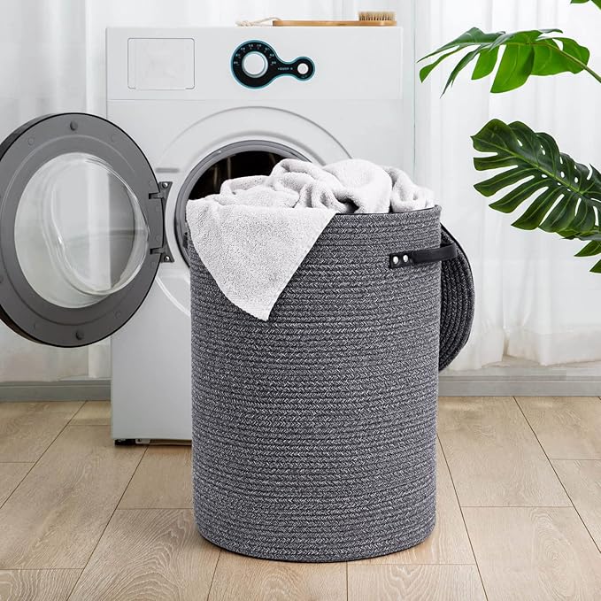 CHICVITA Large Laundry Hamper with Lid, 58L, Tall Clothes Laundry Basket for Bedroom, Rope Laundry Bin for Clothes, Blankets, Toys, Woven Laundry Basket for Living Room, 15 x 20 inches, Grey