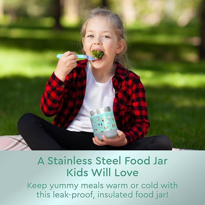 Bentgo Kids Stainless Steel Food Jar - 11oz Leak-Proof Double Insulated Hot or Cold Food Container with Removable Silicone Bumper, Dishwasher Safe, Easy Open Lid, Ages 3+ (Puppy Love)