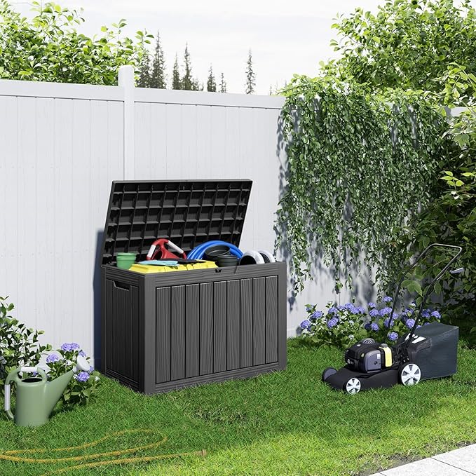 Vixzen 45 Gallon Waterproof Resin Deck Box, UV Resistant Outdoor Storage for Garden, Patio, Porch, Delivery, Black